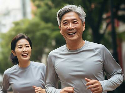 Senior woman and man jogging