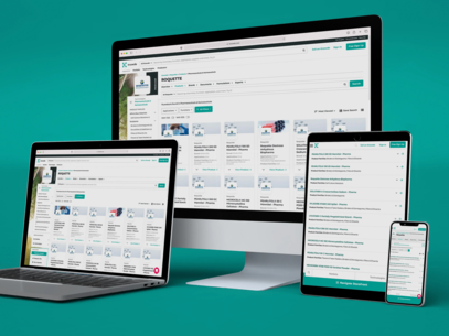 A computer, a tablet, a laptop, and a mobile phone on a green background