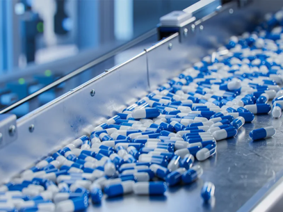 Blue capsules in a pharmaceutical-factory