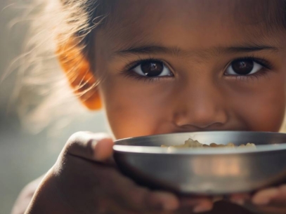 Face of a little girl holding a plate with food