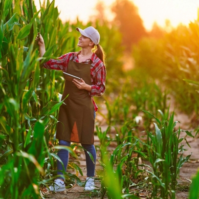 A farmer examines tall crops with a tablet in hand