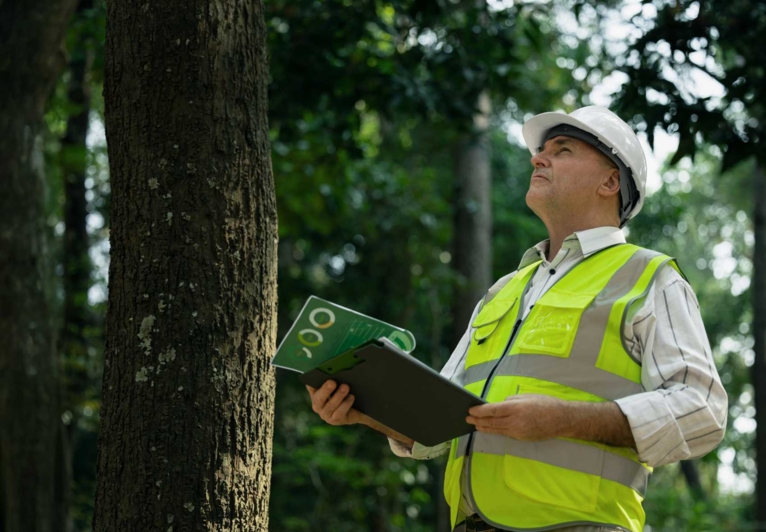 man looking at trees with a helmet