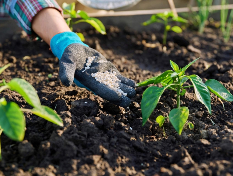 Hands with gloves applying weed killer in a field