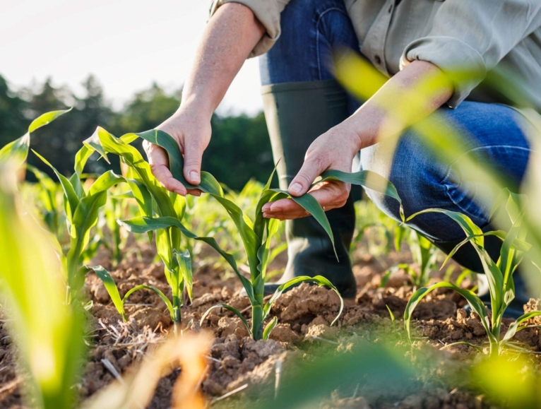 Farmer examining corn plant in field
